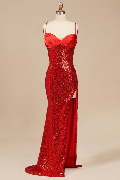 Dark Green Spaghetti Straps Sequins Mermaid Long Formal Prom Dresses With Slit
