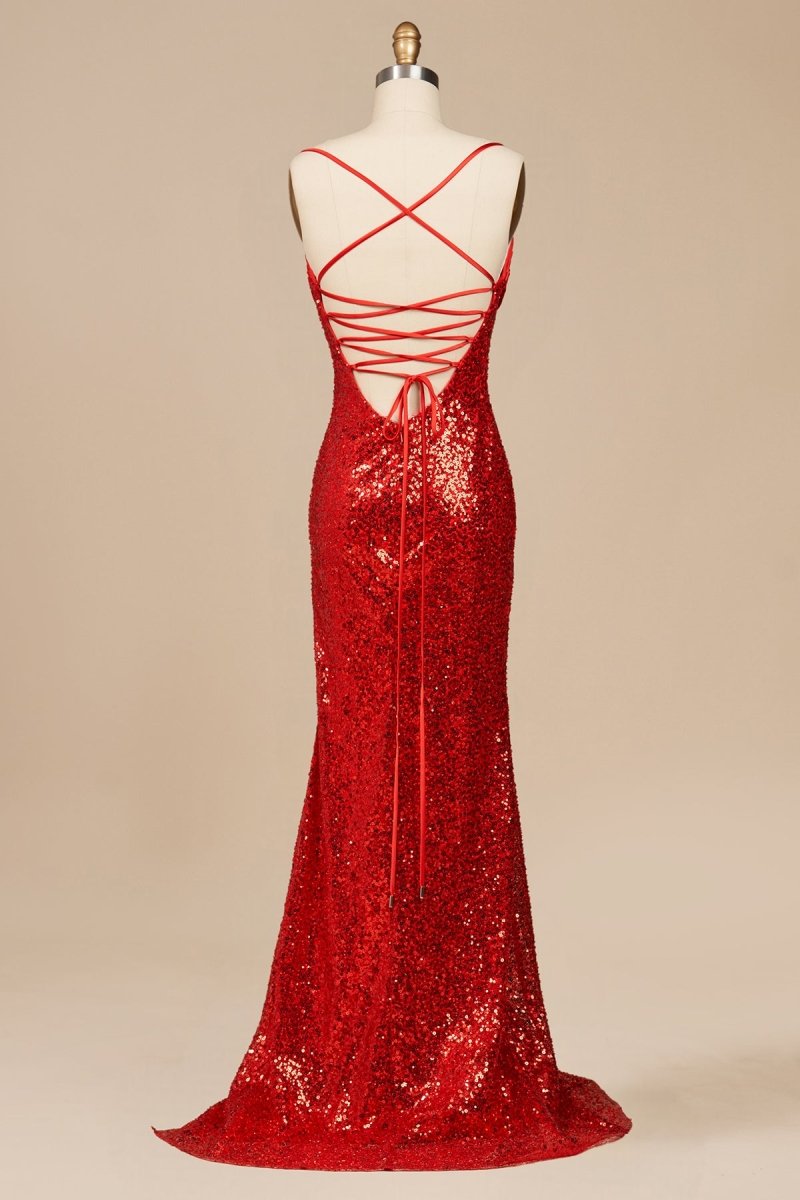 Dark Green Spaghetti Straps Sequins Mermaid Long Formal Prom Dresses With Slit