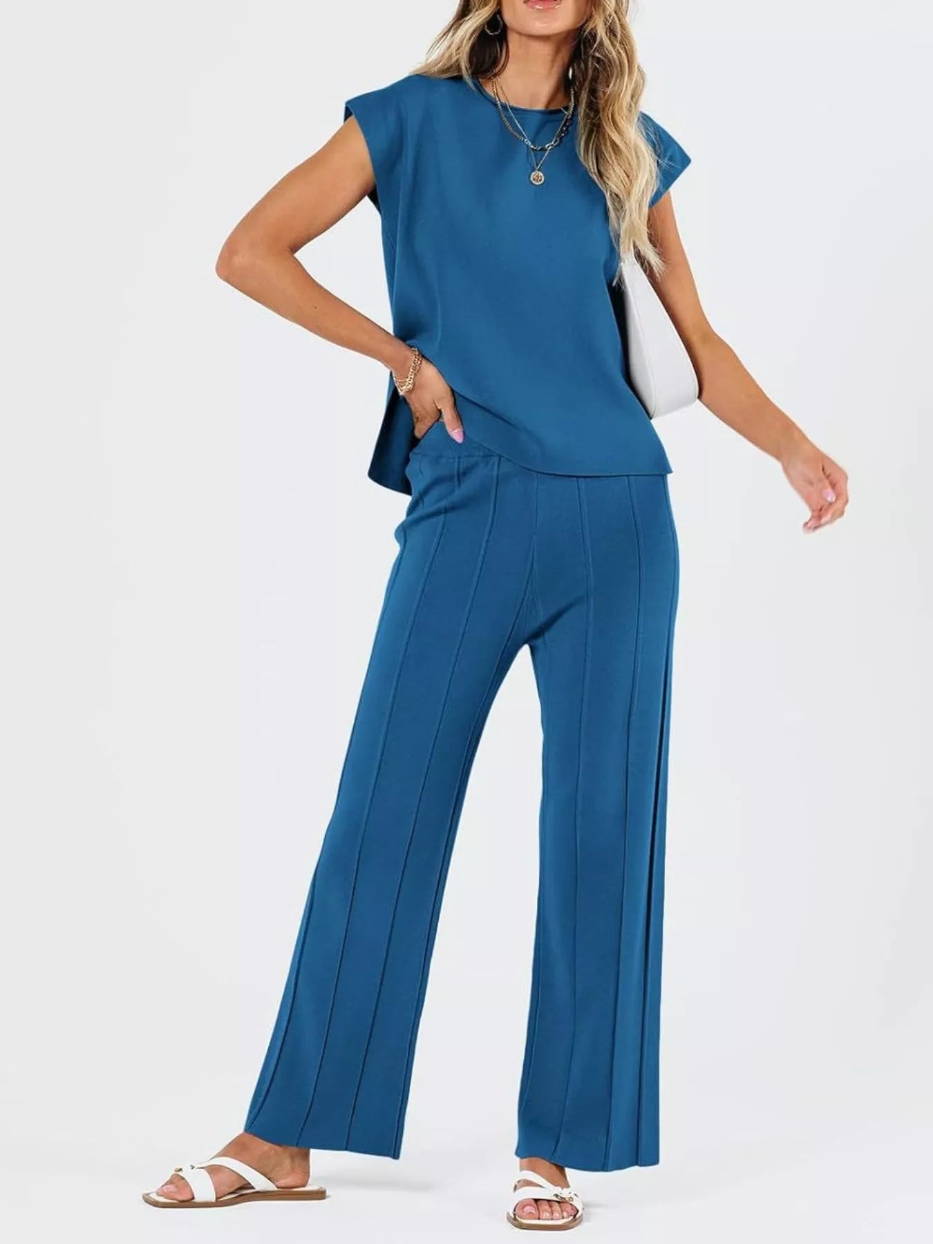 Hazel Blues® |  Casual Solid Color Cap Sleeve Top and Pants Knit Set