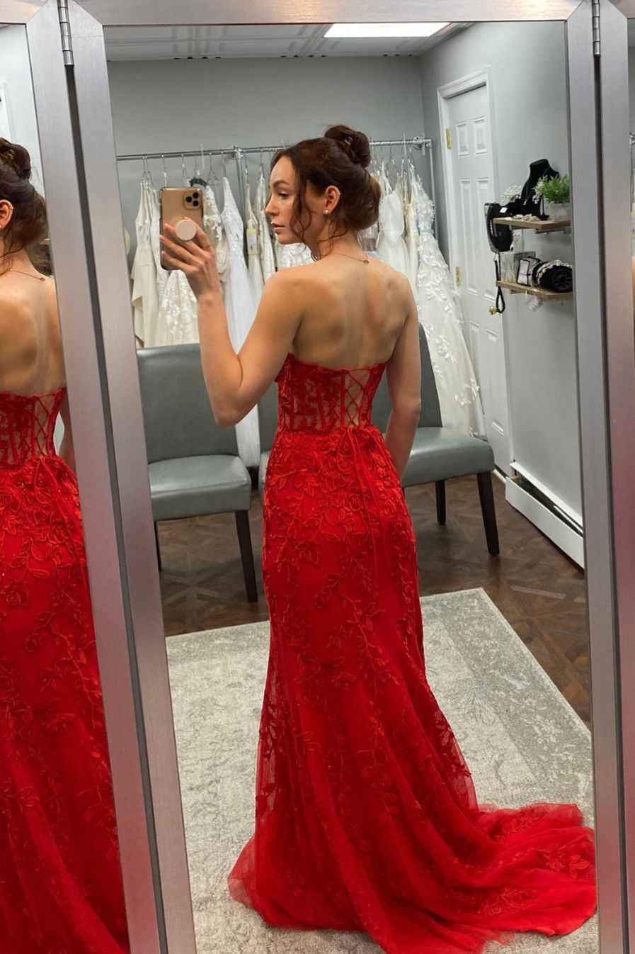 Strapless Hot Pink Lace Mermaid Long Prom Dress