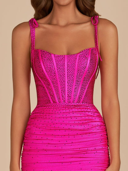 Fuchsia - Bodycon Scoop Neck Beaded Satin Corset Homecoming Dresses with Bow Straps