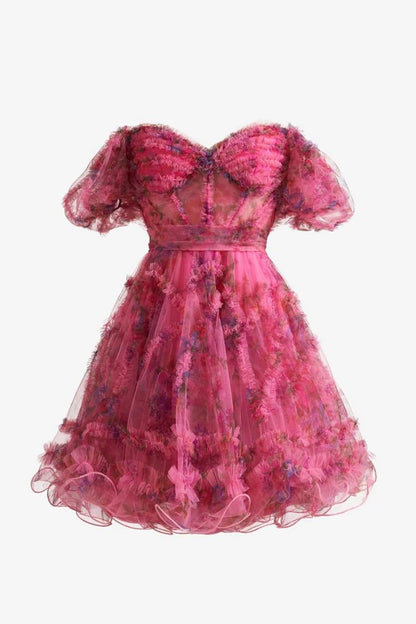 Fuchsia A Line Off the Shoulder Printed Homecoming Dress