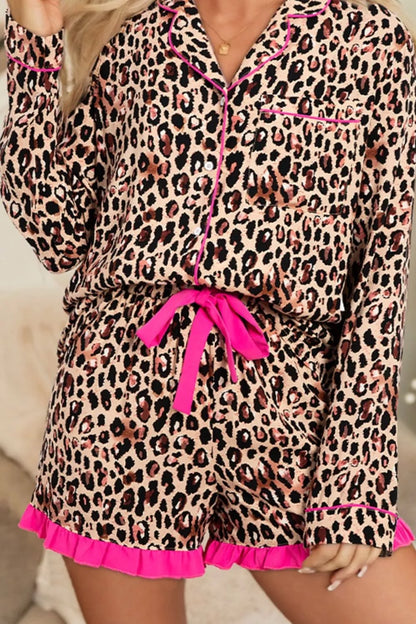 Hazel Blues® |  Leopard Print Contrast Trim Long Sleeve Shirt and Drawstring Ruffle Hem Shorts Set