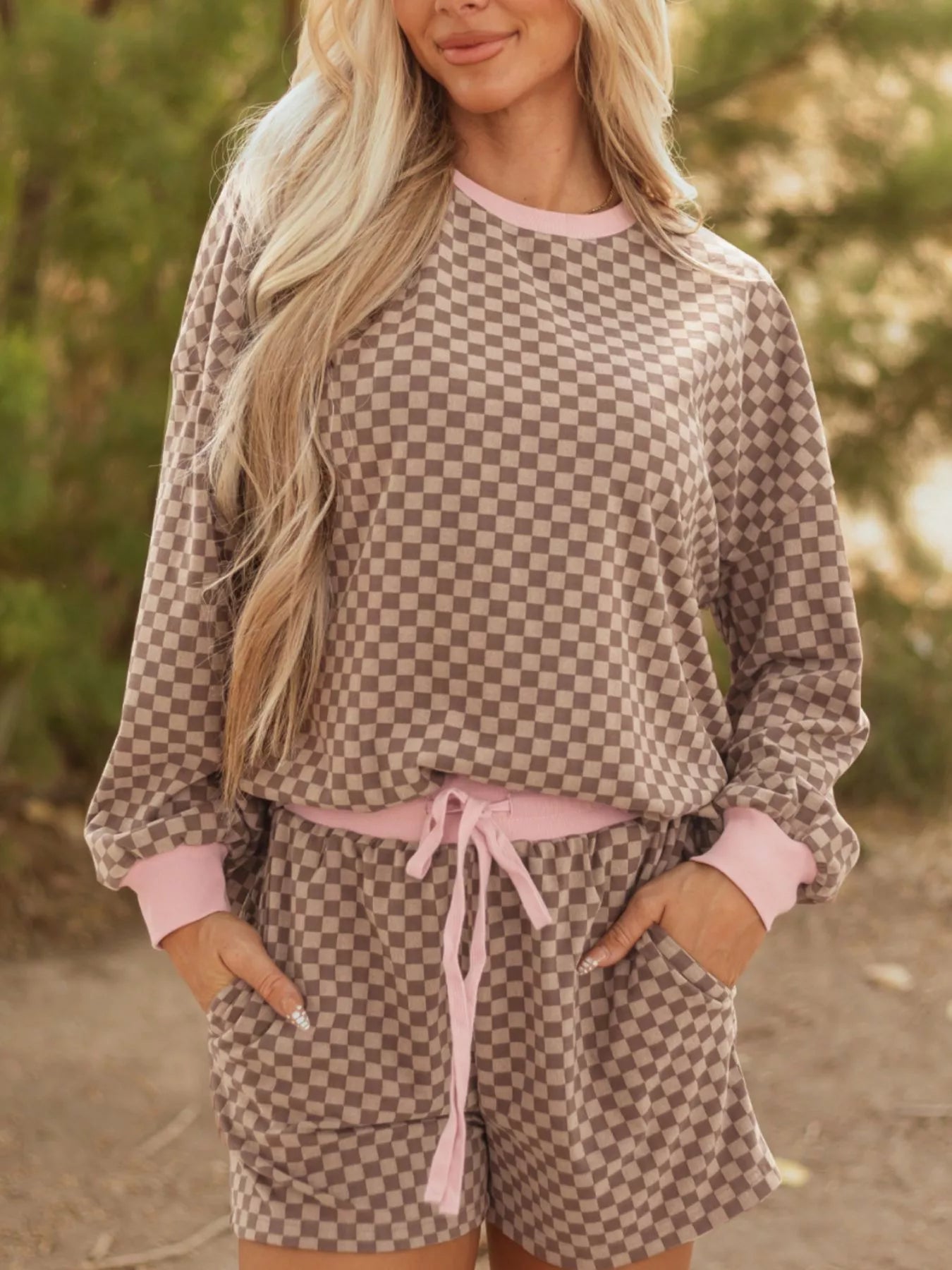 Hazel Blues® |  Checkerboard Long Sleeve Pullover and Shorts Set