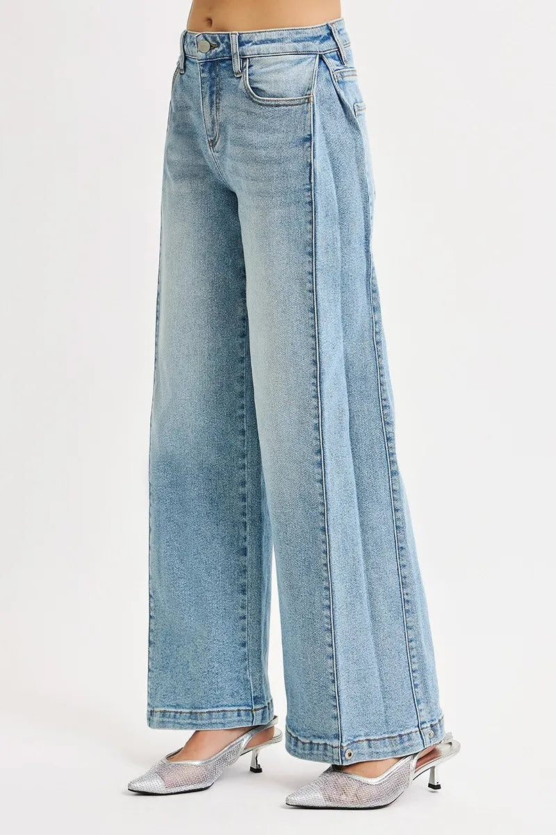 Hazel Blues® |  RISEN Mid Rise Wide Barrel Transferable Leg Snap Jeans