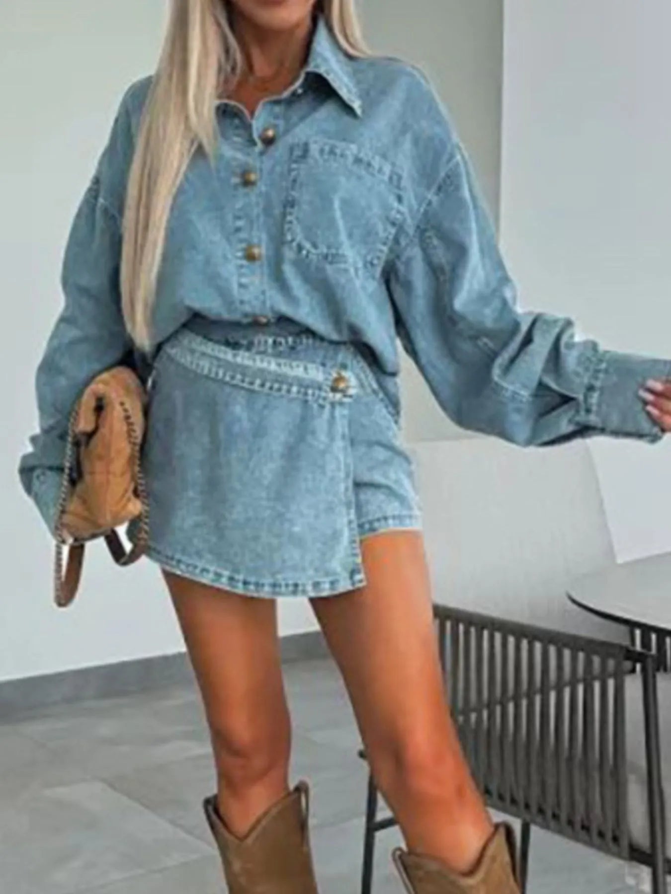 Hazel Blues® |  Button-Front Shirt and Mini Skirt Oversized Denim Set