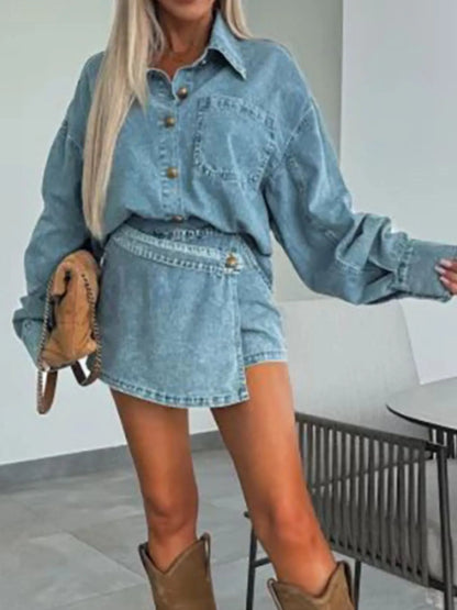 Hazel Blues® |  Button-Front Shirt and Mini Skirt Oversized Denim Set