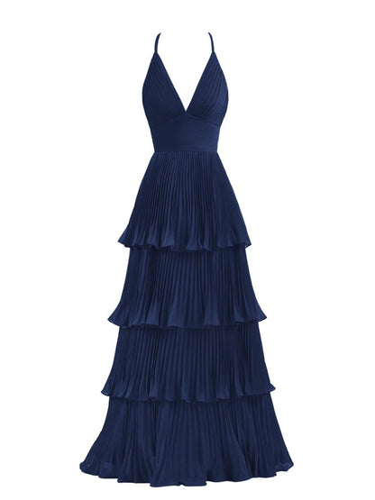 Dark Green A-Line Tiered Floor Length Chiffon Bridesmaid Dress