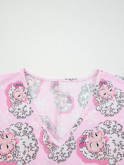 Hazel Blues® |  Santa Claus Print V Neck Tee Drawstring Pants 2pcs Lounge Set