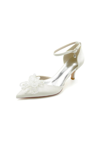 Floral Pointed Toe Beading Kitten Heels