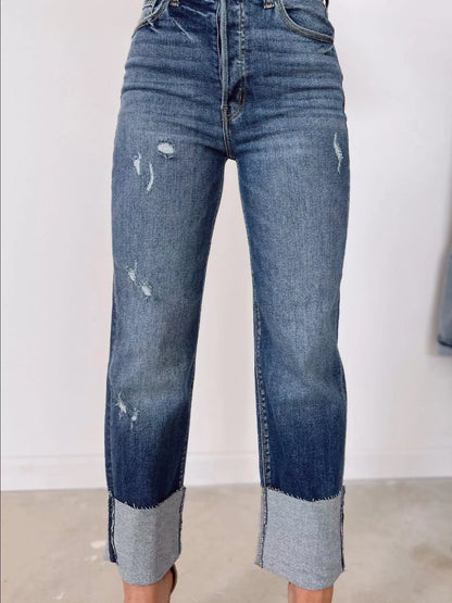 Hazel Blues® |  High Waist Distressed Straight Leg Jeans