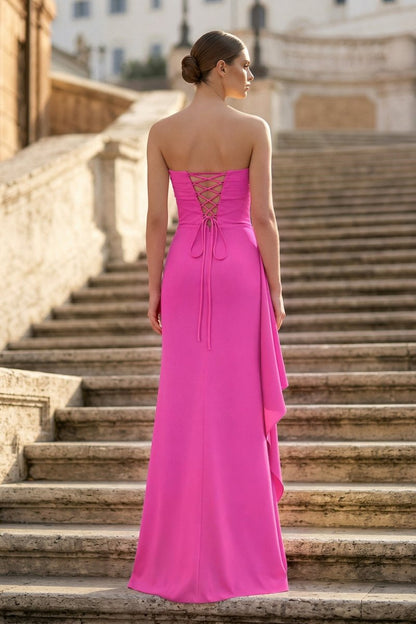 Fuchsia - Mermaid Strapless Satin Pleated Long Prom Dress with Slit
