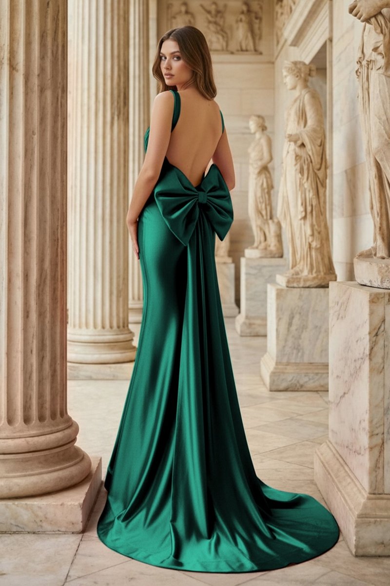 Fuchsia Square Neck Satin Mermaid Formal Gown with Bow