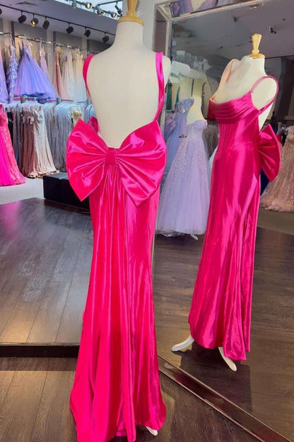 Fuchsia Square Neck Satin Mermaid Formal Gown with Bow