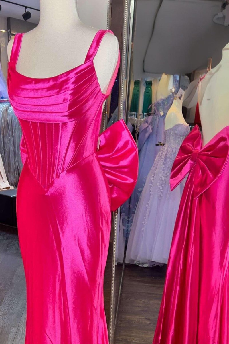 Fuchsia Square Neck Satin Mermaid Formal Gown with Bow