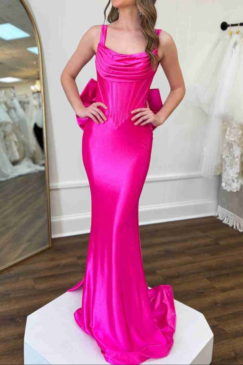 Fuchsia Square Neck Satin Mermaid Formal Gown with Bow