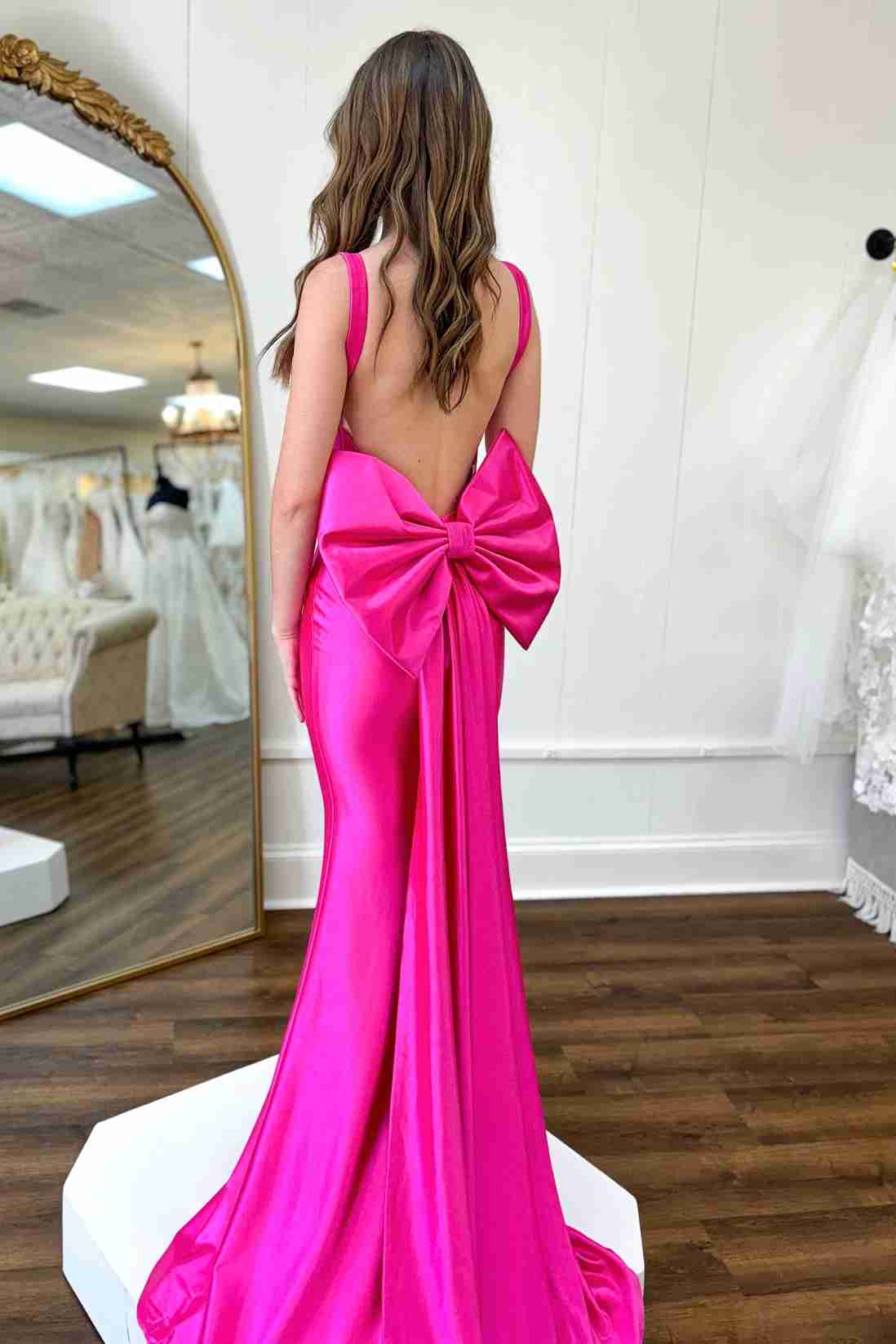 Fuchsia Square Neck Satin Mermaid Formal Gown with Bow