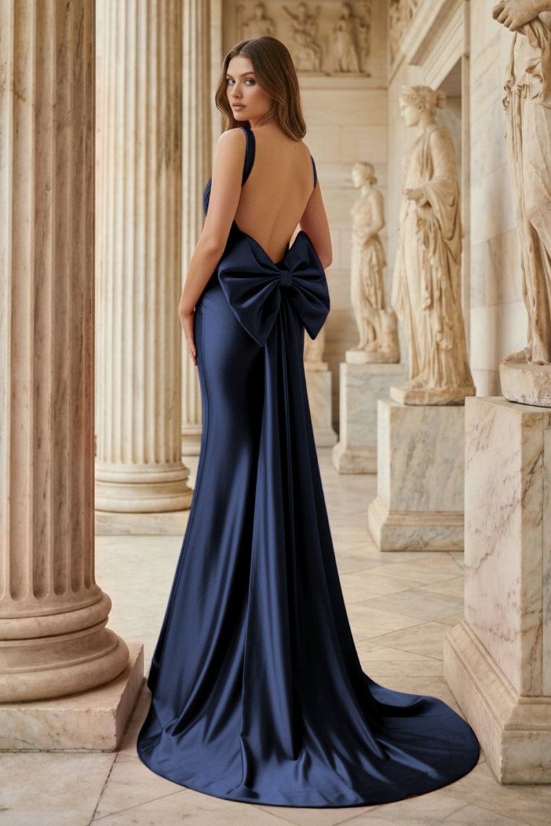 Fuchsia Square Neck Satin Mermaid Formal Gown with Bow