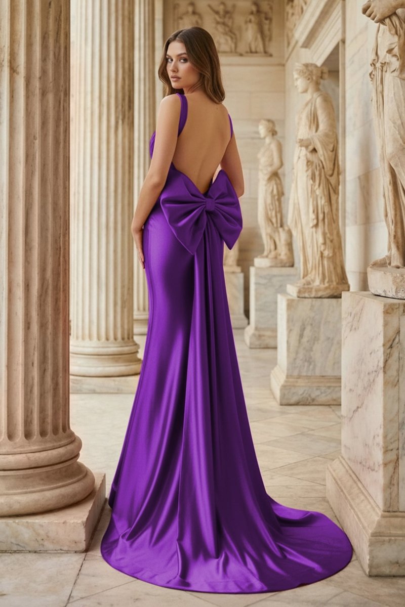 Fuchsia Square Neck Satin Mermaid Formal Gown with Bow