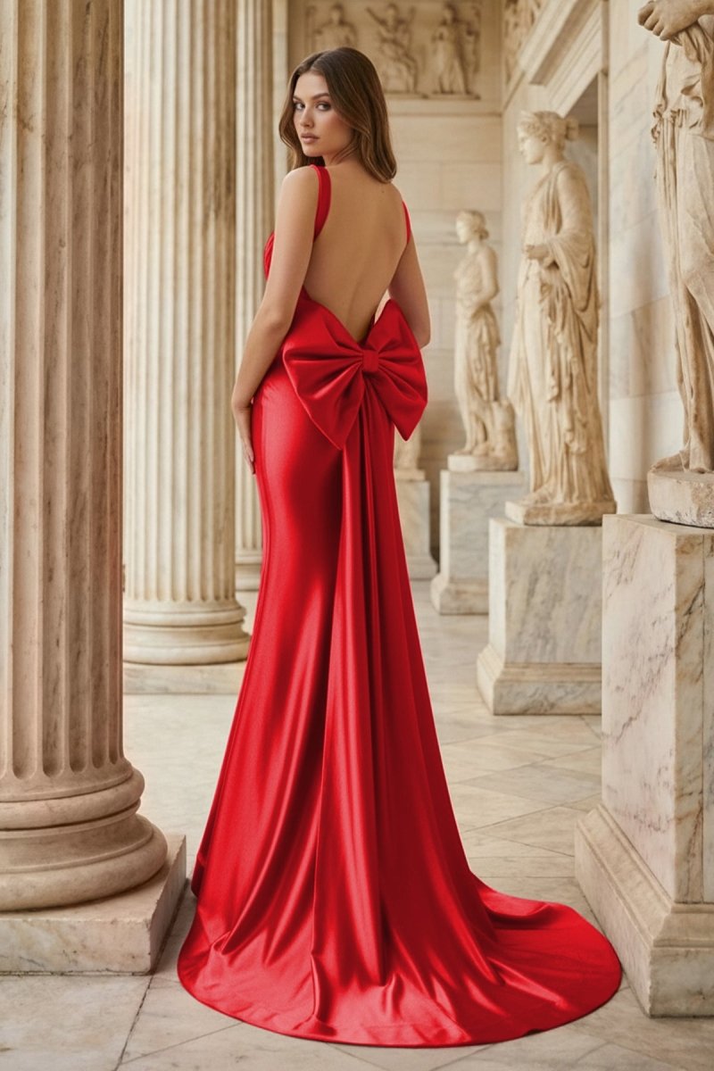 Fuchsia Square Neck Satin Mermaid Formal Gown with Bow