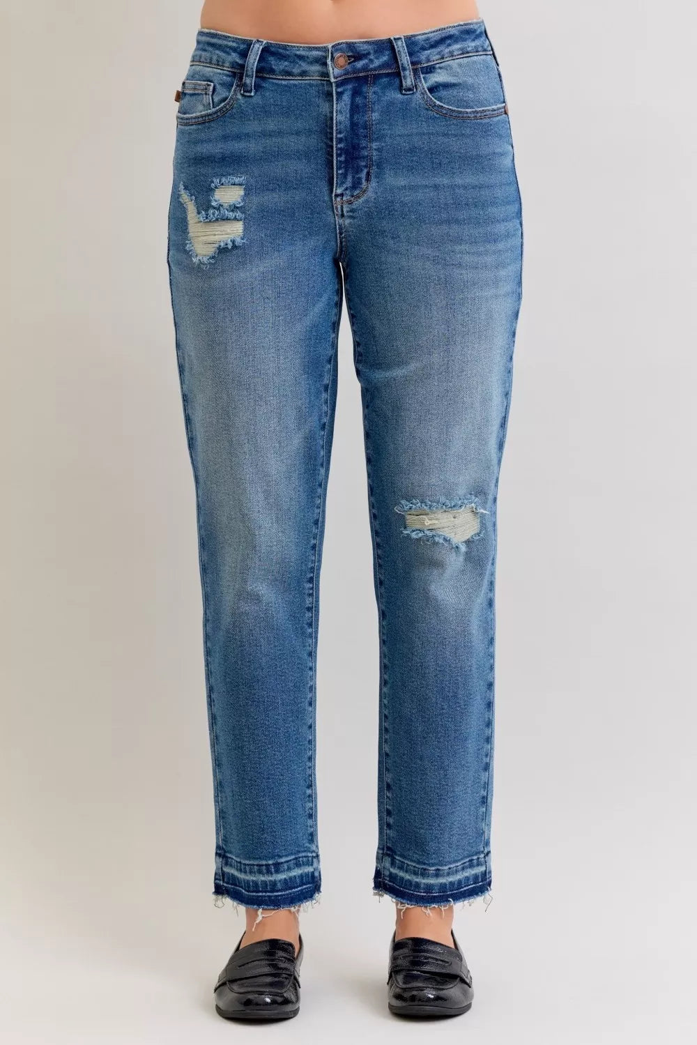 Hazel Blues® | Judy Blue Mid Rise Bf Patch & Repair Destroy Release Hem Jeans