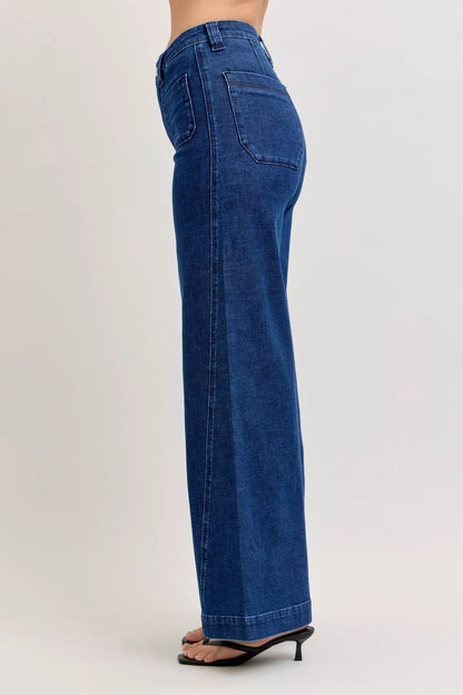 Hazel Blues® |  Judy Blue High-Waisted Retro Wide Jeans with Patch Pkts & Twisted Seams