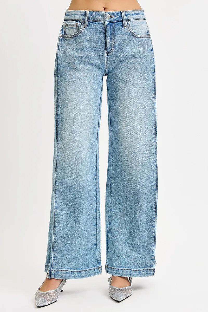 Hazel Blues® |  RISEN Mid Rise Wide Barrel Transferable Leg Snap Jeans