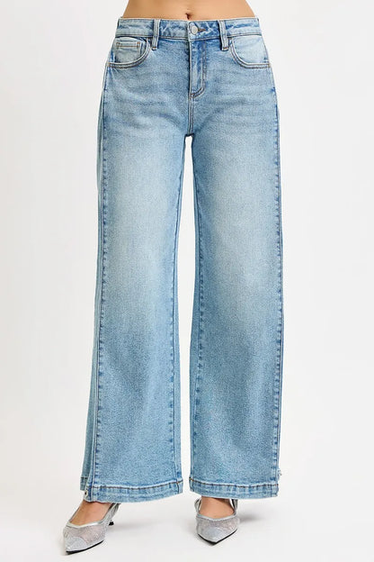 Hazel Blues® |  RISEN Mid Rise Wide Barrel Transferable Leg Snap Jeans