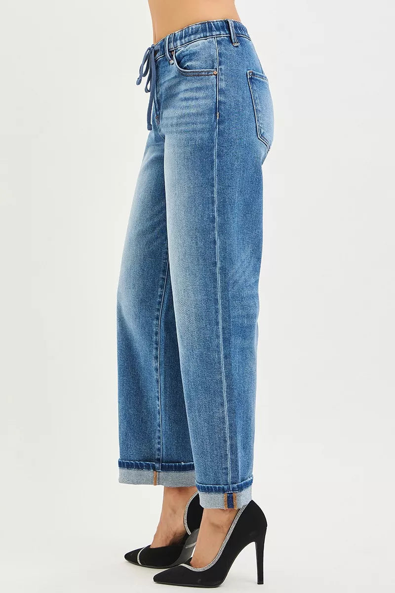 Hazel Blues® |  RISEN Elastic Band Slouch Ankle Boyfriend Cuffed Hem Jeans