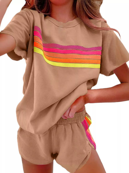 Hazel Blues® |  Rainbow Striped Round Neck Top and Shorts Set