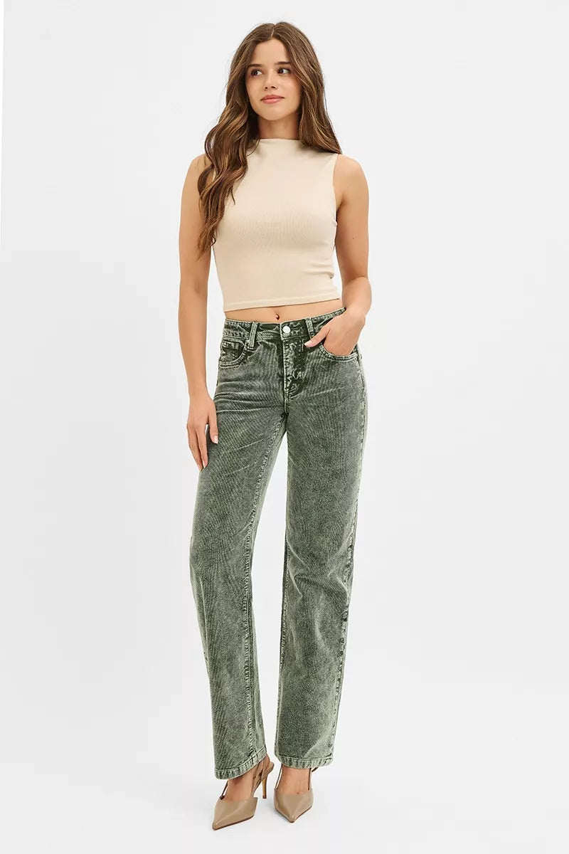 Hazel Blues® |  RISEN Tummy Control Mid Rise Straight Leg Corduroy Pants