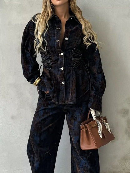 Hazel Blues® |  Lace Up Button Up Jacket and Jeans Denim Set