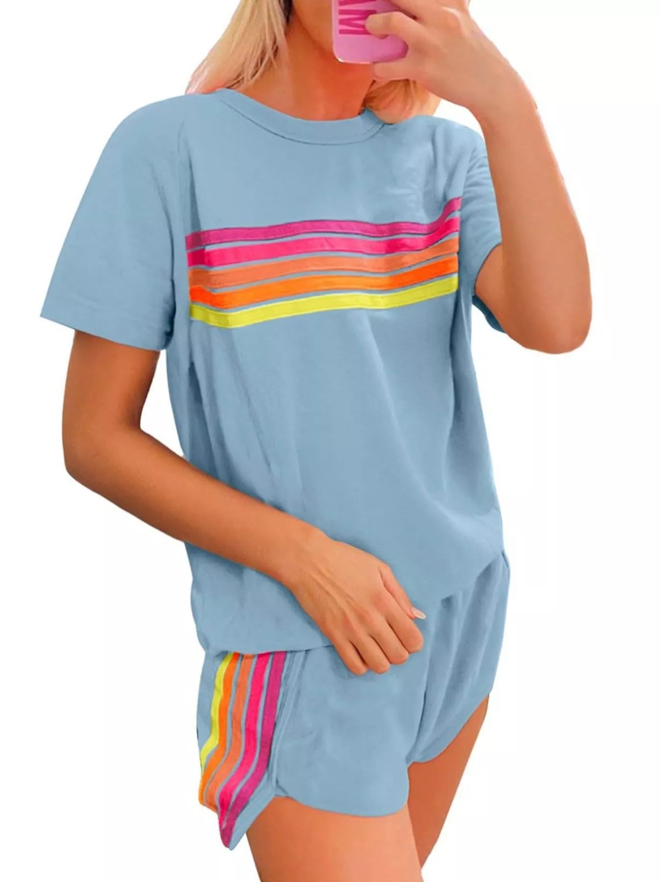 Hazel Blues® |  Rainbow Striped Round Neck Top and Shorts Set