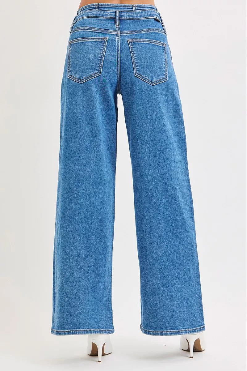 Hazel Blues® | RISEN Mid Rise Fit Wide Leg with Pleated Detail Jeans