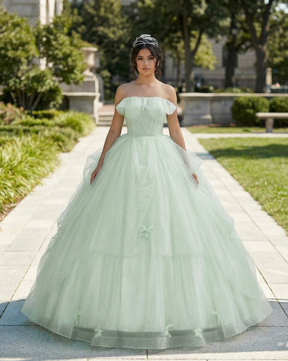 Elegant 3D Flowery Sage Green Tulle Fairy Ball Gown