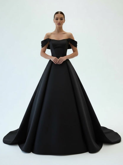 Elegant A-Line Off the Shoulder White Satin Wedding Dresses