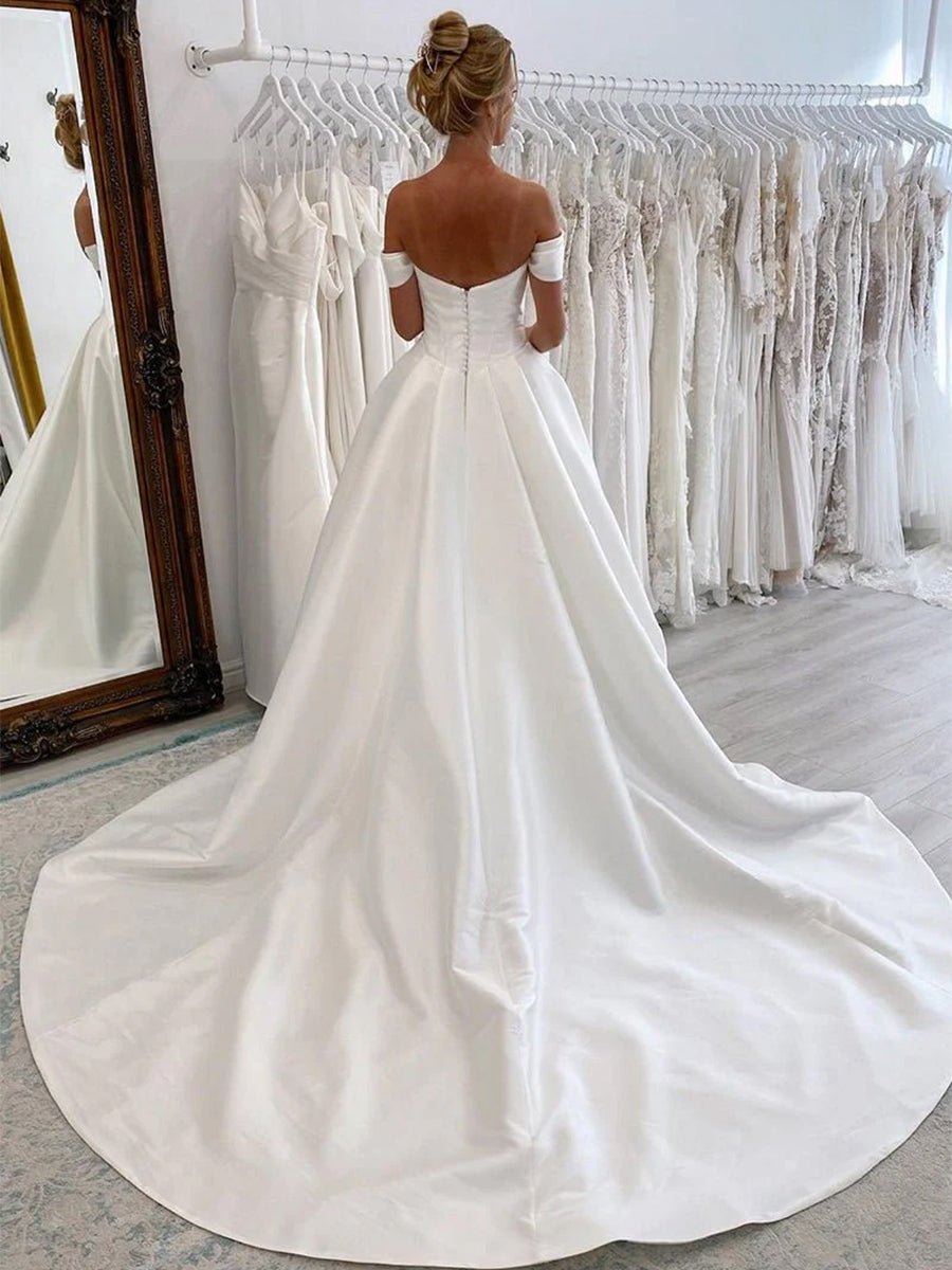 Elegant A-Line Off the Shoulder White Satin Wedding Dresses