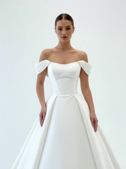 Elegant A-Line Off the Shoulder White Satin Wedding Dresses