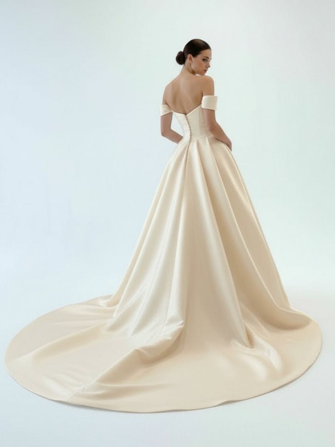 Elegant A-Line Off the Shoulder White Satin Wedding Dresses