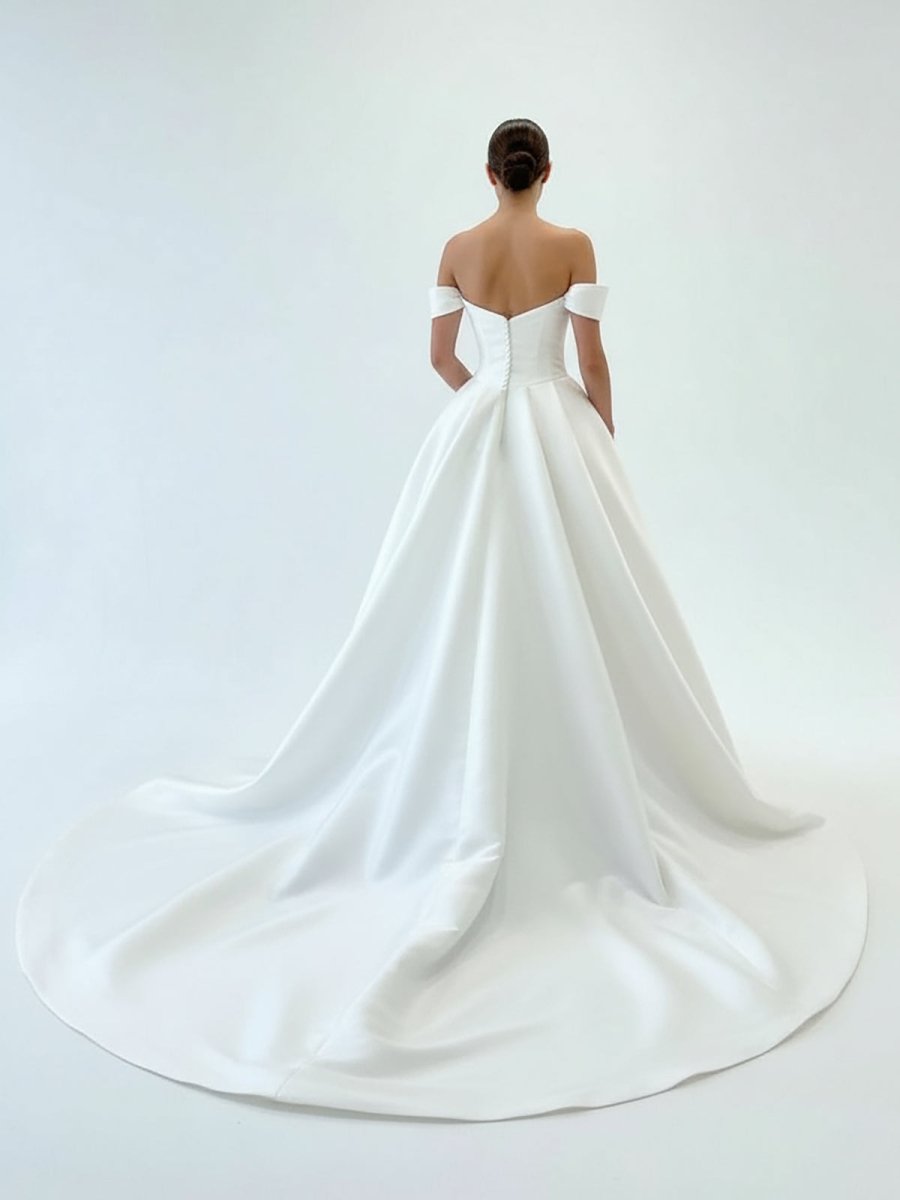 Elegant A-Line Off the Shoulder White Satin Wedding Dresses