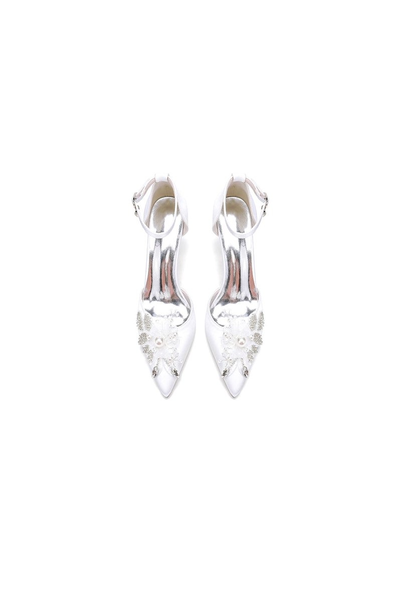 Elegant Ankle Strap White Wedding Shoes With Rhinestone Flower