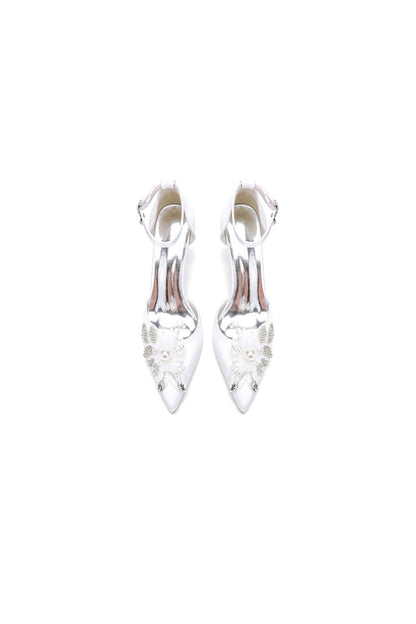 Elegant Ankle Strap White Wedding Shoes With Rhinestone Flower