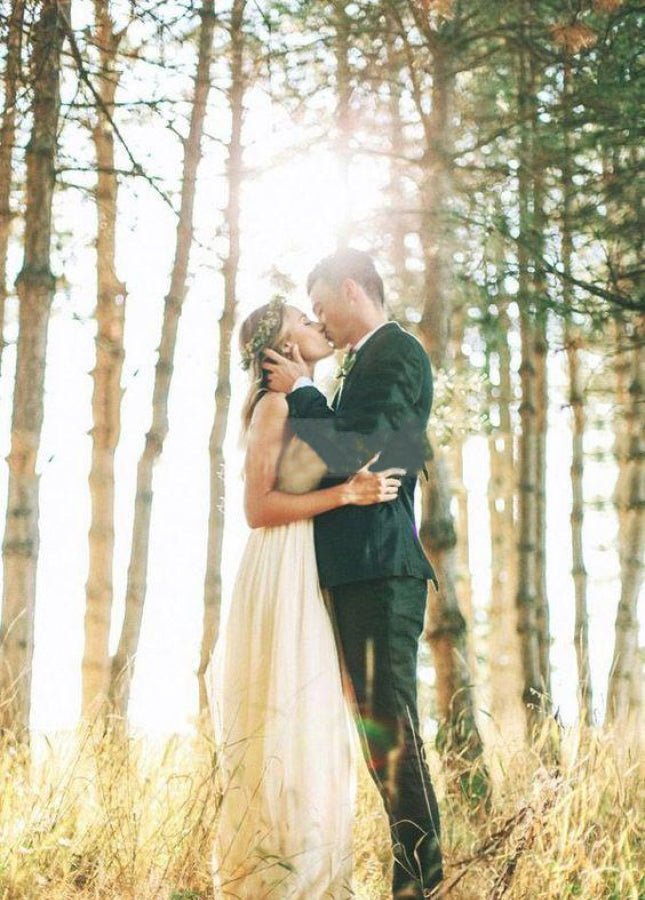 Elegant Bohemian Sleeveless Long A Line Chiffon Wedding Dresses
