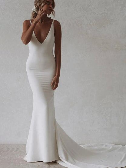 Elegant Mermaid V-Neck Elastic Satin Long Wedding Dresses