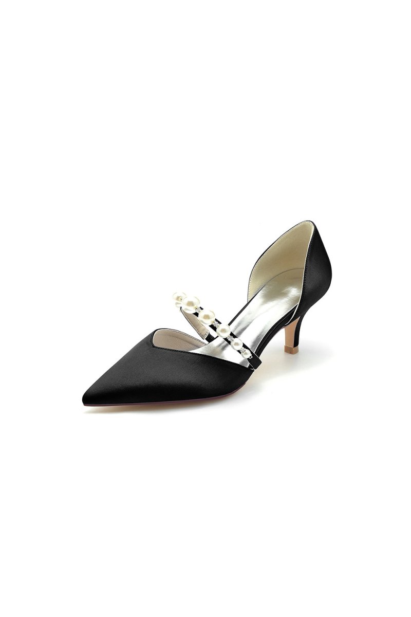 Elegant Satin Pointed Toe Heels with Pearl Strap