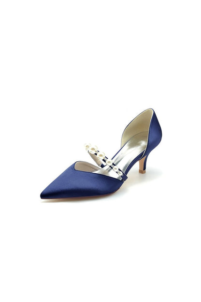 Elegant Satin Pointed Toe Heels with Pearl Strap