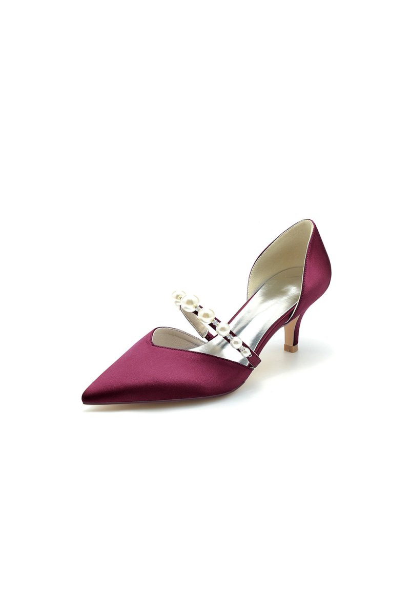 Elegant Satin Pointed Toe Heels with Pearl Strap