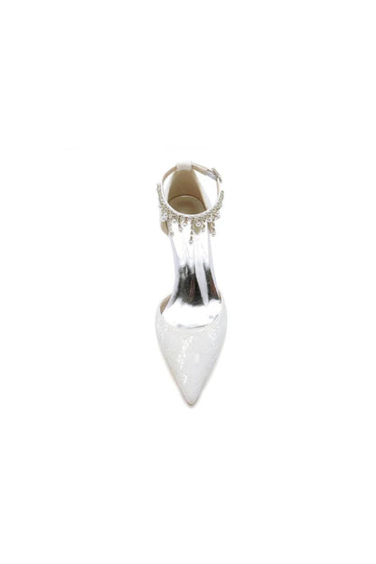 Elegant White Ankle Strap Pearl Beaded Wedding Shoes