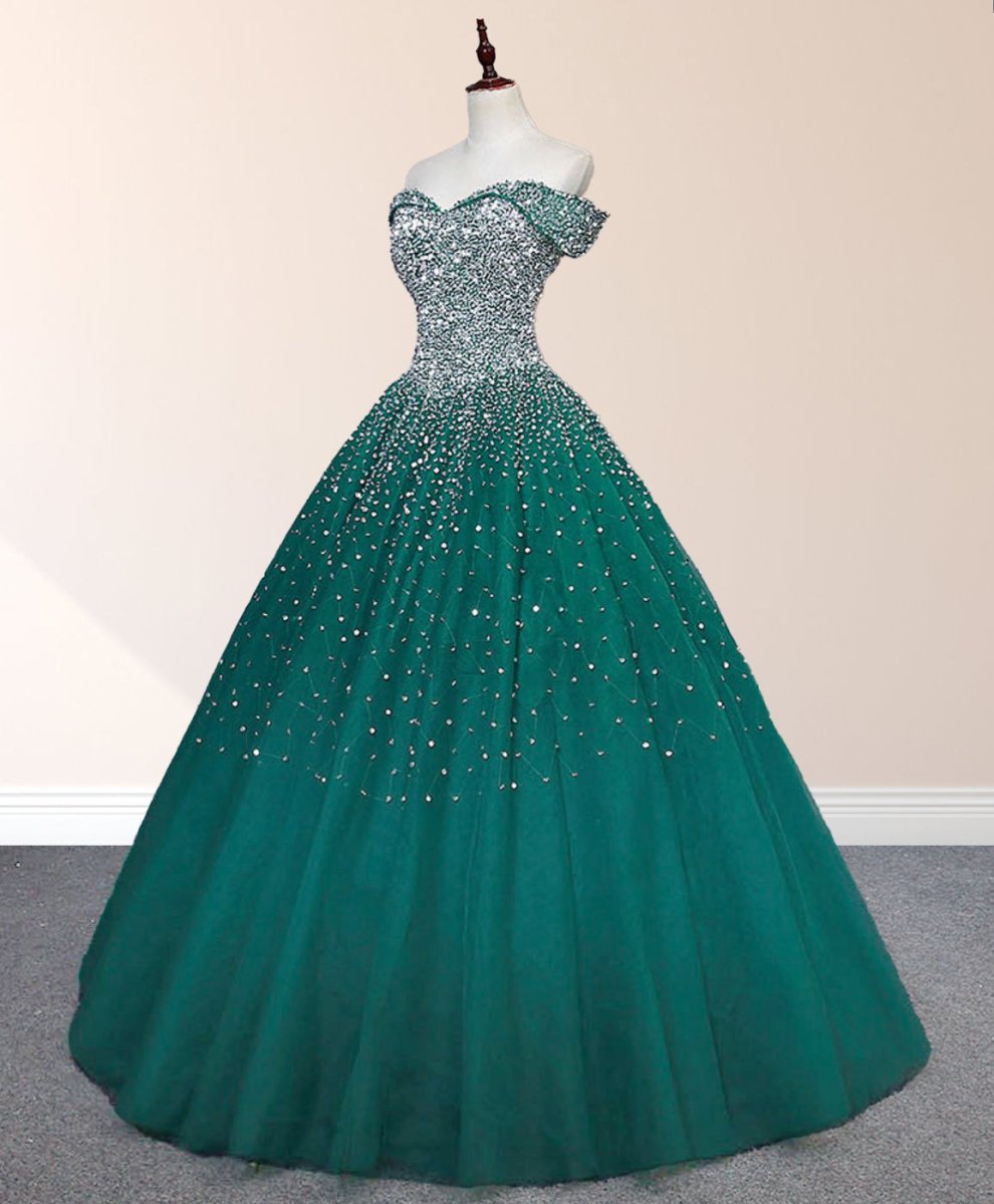 Emerald Green Off The Shoulder Tulle Quinceanera Dresses With Beadings