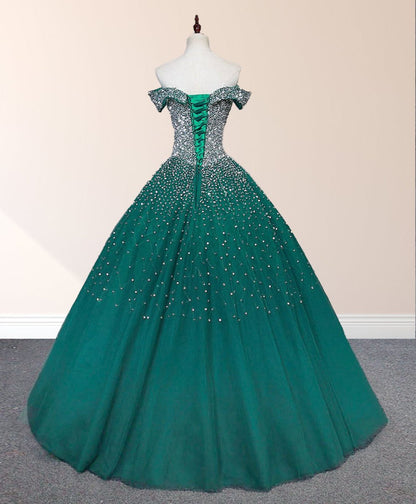 Emerald Green Off The Shoulder Tulle Quinceanera Dresses With Beadings
